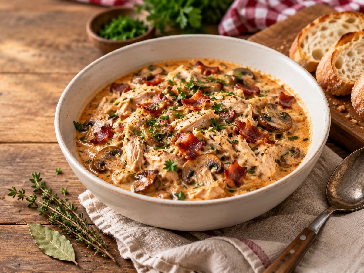 Chicken ragout with mushrooms and bacon
