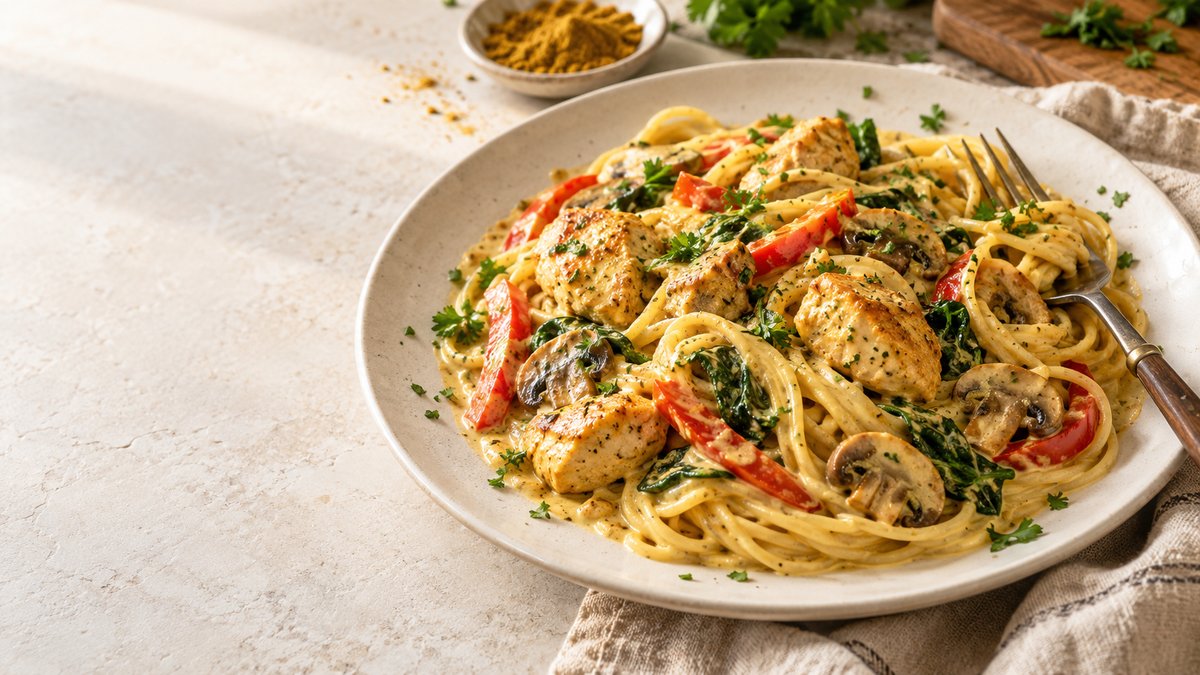 Spaghetti with creamy chicken curry sauce