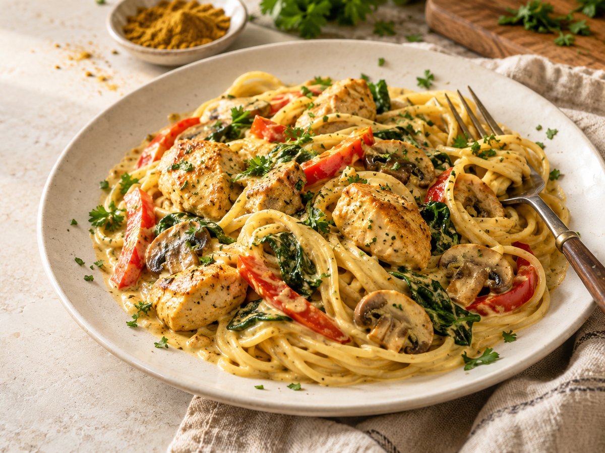 Spaghetti with creamy chicken curry sauce